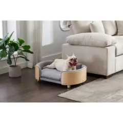 Lirago 30.7" W x 20.08" D x 9.85" H Elevated Dog Bed Pet Sofa Solid Wood Legs Velvet Cushion with Removable Bolster Washable Mid Size Light Gray