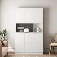 74" Kitchen Pantry Cabinet with Charging Station, Freestanding Buffet Cupboards Sideboard with Drawer, Modern Pantry Cabinet with Microwave Stand