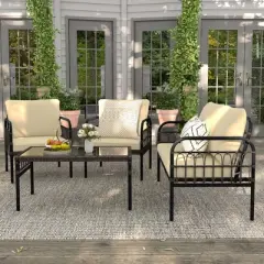 Costway 4 PCS Patio Furniture Set Outdoor Wicker Conversation Bistro Set with Soft Cushions