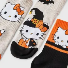 Women's Hello Kitty Halloween 3pk Mid Crews Socks - Oatmeal Heather/Black/Orange
