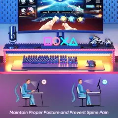 Bestier U-shaped Gaming Desk with Monitor Stand, LED Lights, Headphone Hooks, Cup Holder, Carbon Fiber Black