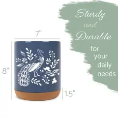 Elanze Designs 8 inch Floral Peacock Large Ceramic Kitchen Utensil Holder Navy Blue and White Crock with Cork Base