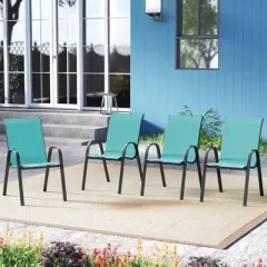 Tangkula Set of 4 Stackable Patio Chairs All Weather Resistant Breathable & Quick-Dry Fabric Outdoor Dining Chairs w/Armrests Turquoise Blue