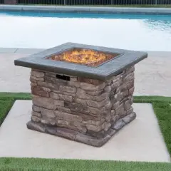 GDFStudio Arbroath Outdoor 40,000 BTU Lightweight Concrete Square Fire Pit Table, Natural Stone