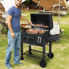 Costway Barrel Charcoal Grill with 2 Folding Side Tables 24-Inch Outdoor Barbecue Grill