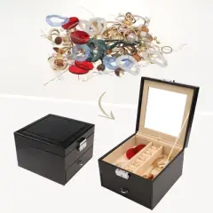 Unique Bargains 2 Layers PU Leather Jewelry Box with Drawer and Mirror
