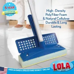 Lola Products Squeeze Sponge Mop w/ Poly Foam & a Natural Cellulose Layer, Absorbs and Wicks Moisture, Hard Surface Cleaner, Refillable, 9&rdquo; Wide Head
