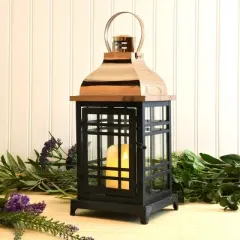LumaBase Metal Lantern with LED Motion Flame Candle - Black with Copper Roof