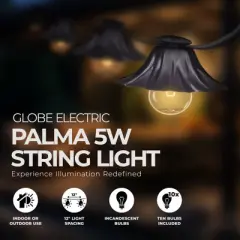 Globe Electric Palma 5 Watt 10 Light G12 Glass Incandescent String Light Set with 10 Metal Flower Shades for Indoor or Outdoor Use, Clear