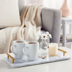 Rectangle Marble Serving Tray, Jewelry Trinket Tray, Perfume Tray, Bathroom Toilet Vanity Tray with Handle (White 15"x7.5"x0.4")