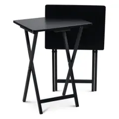 PJ Wood Conventional Solid and Sturdy Wood Construction Portable Folding TV Snack Tray Table Desk Serving Stand, Black (8-Piece Set)