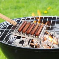 Great Northern Popcorn Hotdog Roller for Grill - Stainless-Steel Rolling Rack with Extra-Long Wooden Handle and 5 Hotdog Capacity