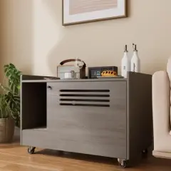 DOMETOUR Gray Cat Litter Box Enclosure, Hidden Litter Box Furniture with Top Fence, Wooden Pet House Side Table, Storage Cabinet for Bedroom