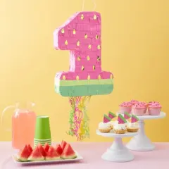 Blue Panda Small Pull String Watermelon Pinata for 1st Birthday Party Supplies, One In A Melon Party Decorations, 16.5 x 11 x 3 In