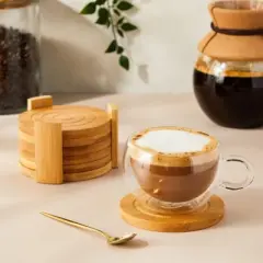 Juvale Set of 6 Bamboo Wood Coasters with Holder for Coffee Table, Hot Drinks, Beverages, Housewarming Gift, 4.3 In