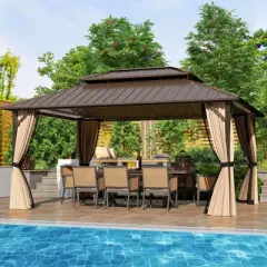 Costway 16 x 12 FT Hardtop Gazebo with Netting Heavy-Duty Double-Roof Galvanized Metal Top