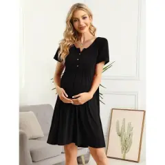 Coolmee Womens Maternity Dress Short Sleeve Midi Summer Dresses Nursing Casual Solid Color Button Down Breastfeeding Dress Clothes