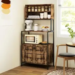 HOMCOM Baker's Rack with Power Outlet, Coffee Bar Cabinet with Storage Shelves, Microwave Stand with Louvred Door Cabinets, Rustic Brown