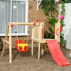 DSVIMOY 3-in-1 Outdoor Playset with Baby Swing Seat, Toddler Slide, Kids Backyard Playground Equipment for Ages 1.5-4, Red, 67"*78.8"*46.5"