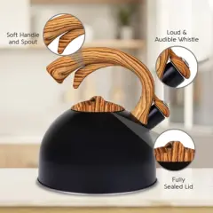 Elle Decor 3-Quart Black Whistling Tea Kettle with Wood Handle