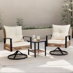 Patio 3-Piece All Weather Wicker Swivel Rocking Patio Conversation Set with Beige Cushions