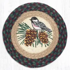 Earth Rugs Round Trivet &ndash; Chickadee Bird Print on Braided Jute, 10"x10", Rustic Nature-Inspired Design