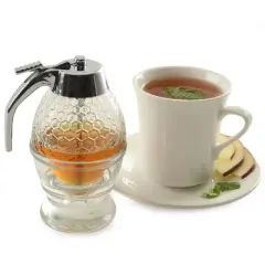 Norpro Honey Dispenser 1 Cup: Glass Syrup Pitcher, 8 oz Capacity, Hand Wash, Silver & Clear Condiment Server