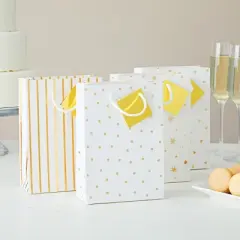 Blue Panda 50 Pack Metallic Gold Small Paper Bags with Handles for Candy, 4 Designs, 7.9 x 5.5 x 2.5 In