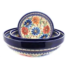 Blue Rose Polish Pottery 1400 Vena 3 Piece Serving Bowl Set