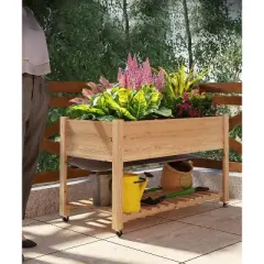 Raised Garden Bed On Wheels, Elevated Wooden Planter Box with Legs and Storage Shelf, Mobile Planter Box for Vegetables, Flowers, Outdoor Patio