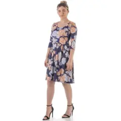 24seven Comfort Apparel Blue Rose Three Quarter Sleeve Pleated Dress