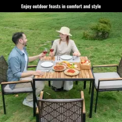 5-Piece Outdoor Dining Set with Acacia Wood Tabletop and Stackable Rattan Armchairs for Patio Garden Use-Cuddlewood