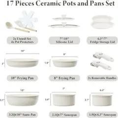 BRINJOY 17-Piece Ceramic Cookware Set - Detachable Handle Non-Toxic Induction RV Kitchen Set, Cream White