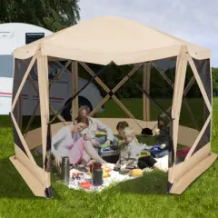 Costway 11.5 X 11.5 FT 6-Sided Pop-up Screen House Tent With 2 Wind Panels for Camping Coffee/Green