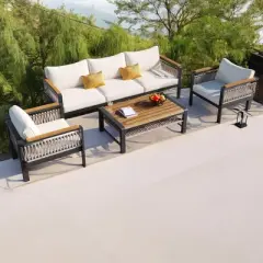 Mshliw 4-Piece Outdoor Sectional Sofa Set with Coffee Table &ndash; Patio Furniture with Cushions and Woven Rope Detailing for Garden, Balcony, or Patio