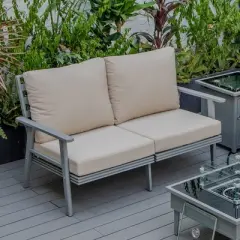 LeisureMod Walbrooke Modern Outdoor Loveseat &ndash; Grey Aluminum Frame with Removable Cushions, Weather-Resistant Seating for Patio, Deck & Balcony