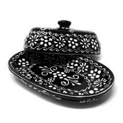 Slickblue Textured Black Pottery Butter Dish &ndash; Handmade, 7.5" x 5" x 2.5", Dishwasher & Microwave Safe