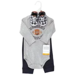Hudson Baby Infant Boy Cotton Bodysuit, Pant and Shoe Set, Football Huddles Long Sleeve