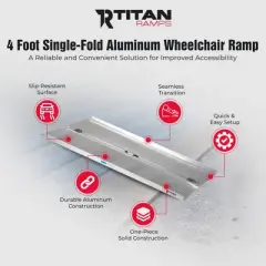 Titan Ramps Single-Fold Wheelchair Ramp, 4 Foot Folding Aluminum Scooter Ramp with Textured Surface and Carry Handle, 600 Pound Capacity