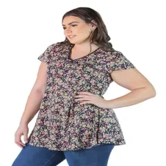 Large Black Short-Sleeved V-Neck T-Shirt Top with a Floral Pattern