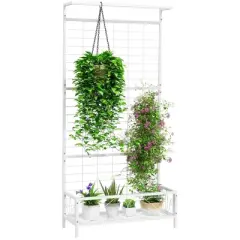 Resenkos Garden Arch Plant Support Trellis,Metal Tall Plant Stand with Trellis and Hanging Bar, 35" x 12.8" x 74", White