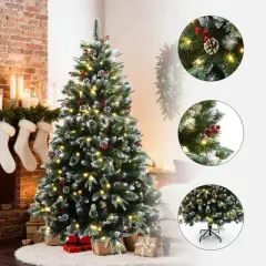 LuxenHome 6Ft Pre-Lit Artificial Pine Christmas Tree with Frosted Tips, Pinecones, and Red Berries Green