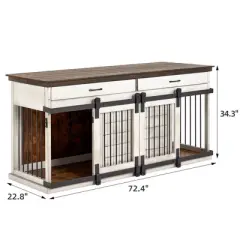 Erommy 72" Wood Dog Crate Furniture Indoor with Divider, Dog Crate End Table with 2 Drawers for Large Breeds, White