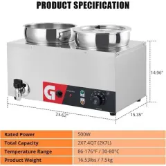 Commercial Soup Warmer 2x7.4 Quart Double Well Bain Marie 1200W With Adjustable Temp & Faucet