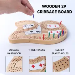 GSE Wooden 3-Track 29 Cribbage Board Game with Plastic Pegs, Classic Three-Person Cribbage Board