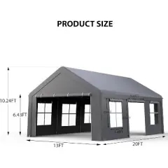13'x20' Heavy Duty Carport Portable Garage, Outdoor Car Port, Waterproof Canopy 3 Roll-up Doors and 5 Windows for Car, Truck, SUV, Boat
