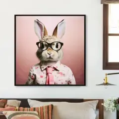 Stretched Canvas Print - Whimsical Rabbit in Blush Pink Suit for Nursery and Bedroom Wall Decoration decorative picture