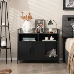 Tangkula Large Litter Box Enclosure Cat Wooden Storage Cabinet with 2 Doors