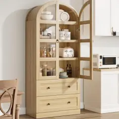 72" Tall Arched Kitchen Pantry Cabinet, Farmhouse Pantry Storage Cabinet with 2 Drawers & Glass Door, Freestanding Versatile Pantry Cabinets