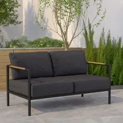 Emma and Oliver Aluminum Frame Loveseat with Teak Arm Accents and Plush Cushions